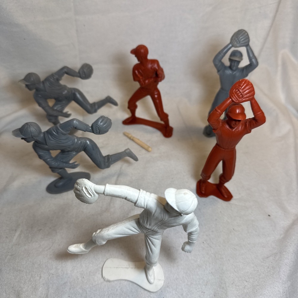 Vintage 1960s Marx Style Baseball Player Plastic Figure 6 Inch Lot Of 6 Pitcher
